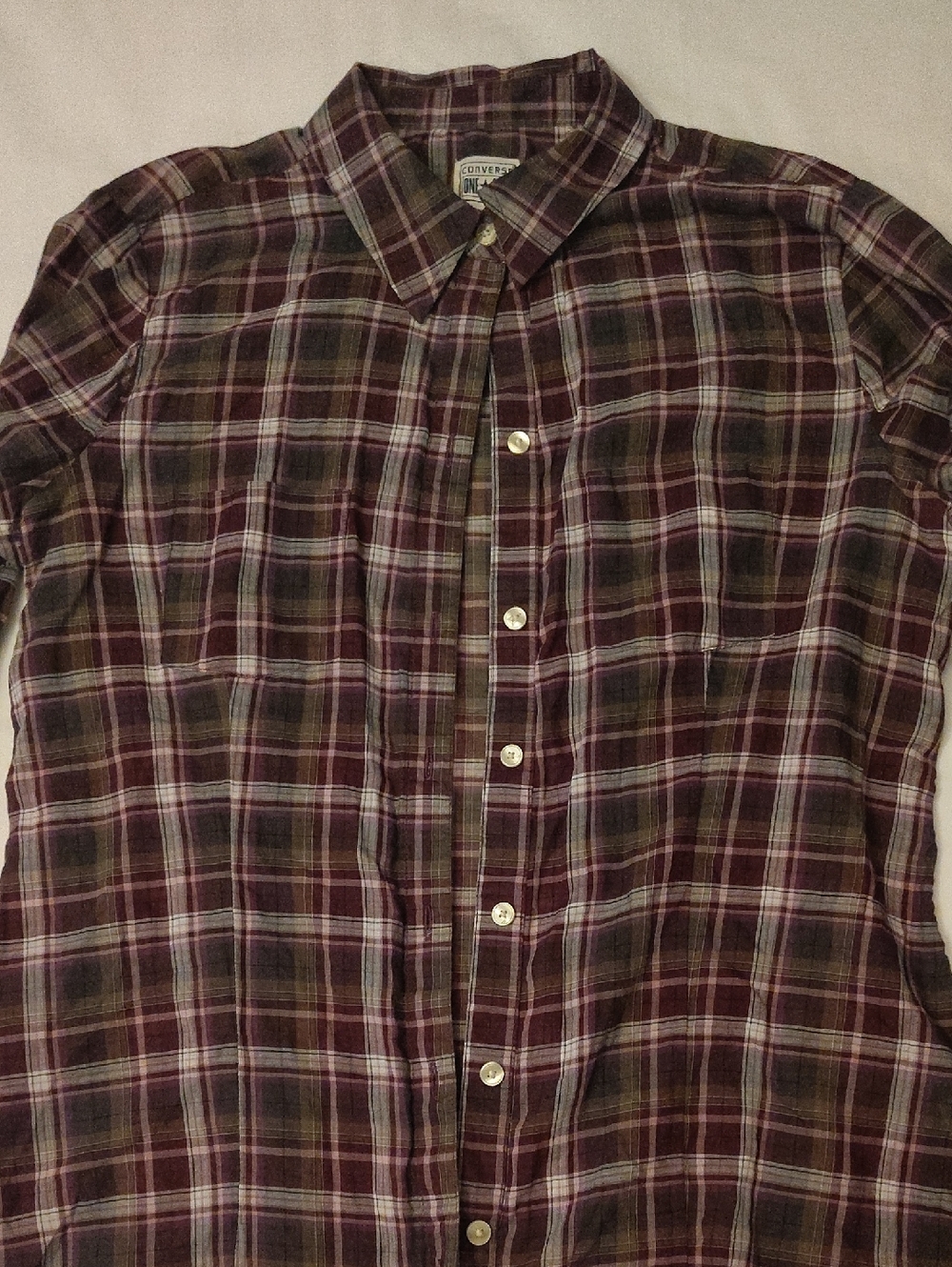 Converse Lightweight Flannel Burgundy and Olive Plaid Button-Down Shirt Large
